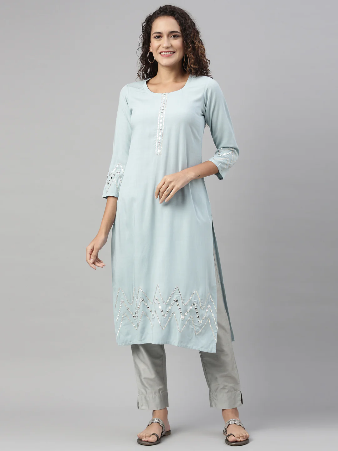 Neerus Aqua Color Slub Rayon Fabric Kurta - Image 5