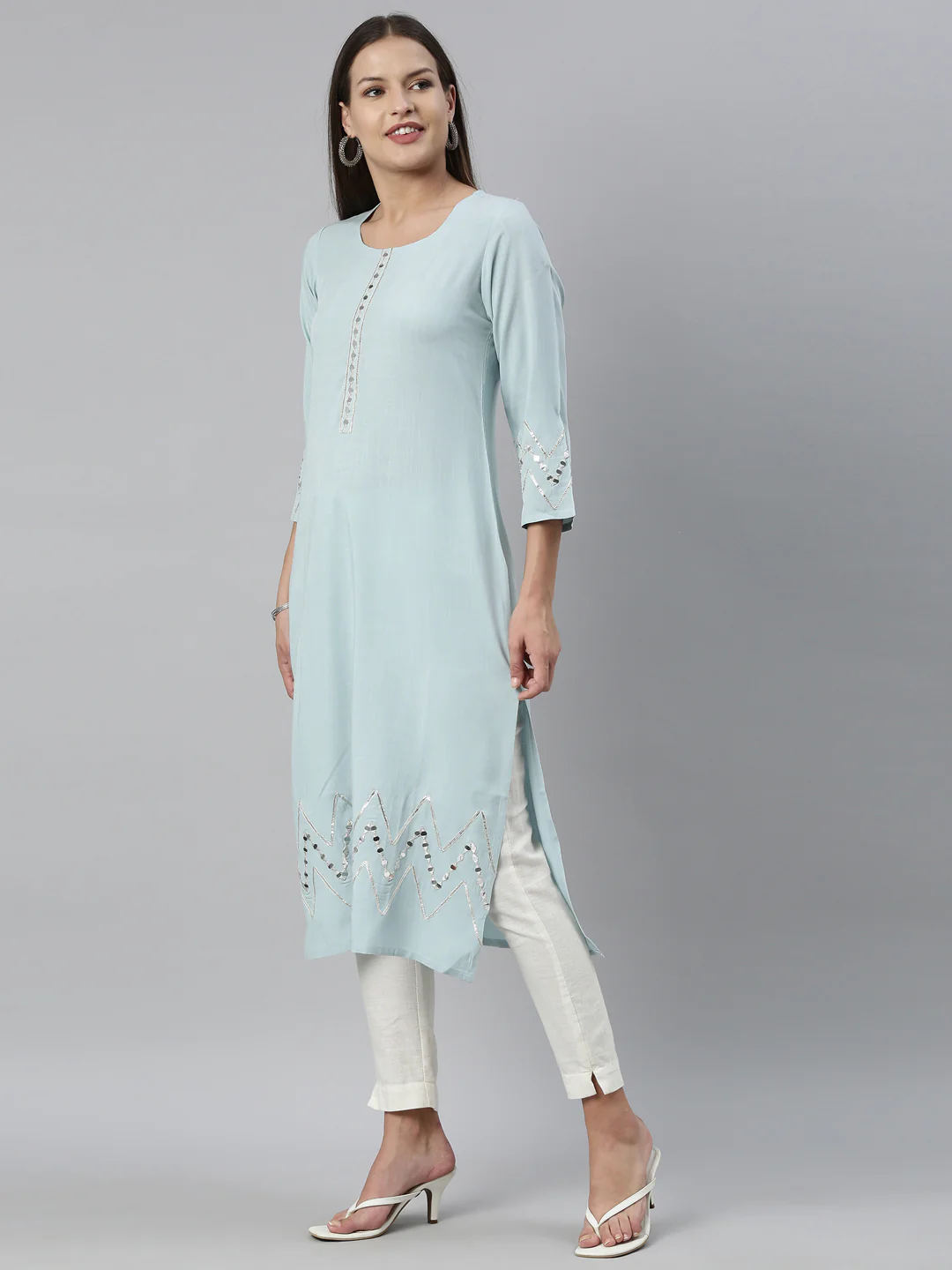 Neerus Aqua Color Slub Rayon Fabric Kurta - Image 9