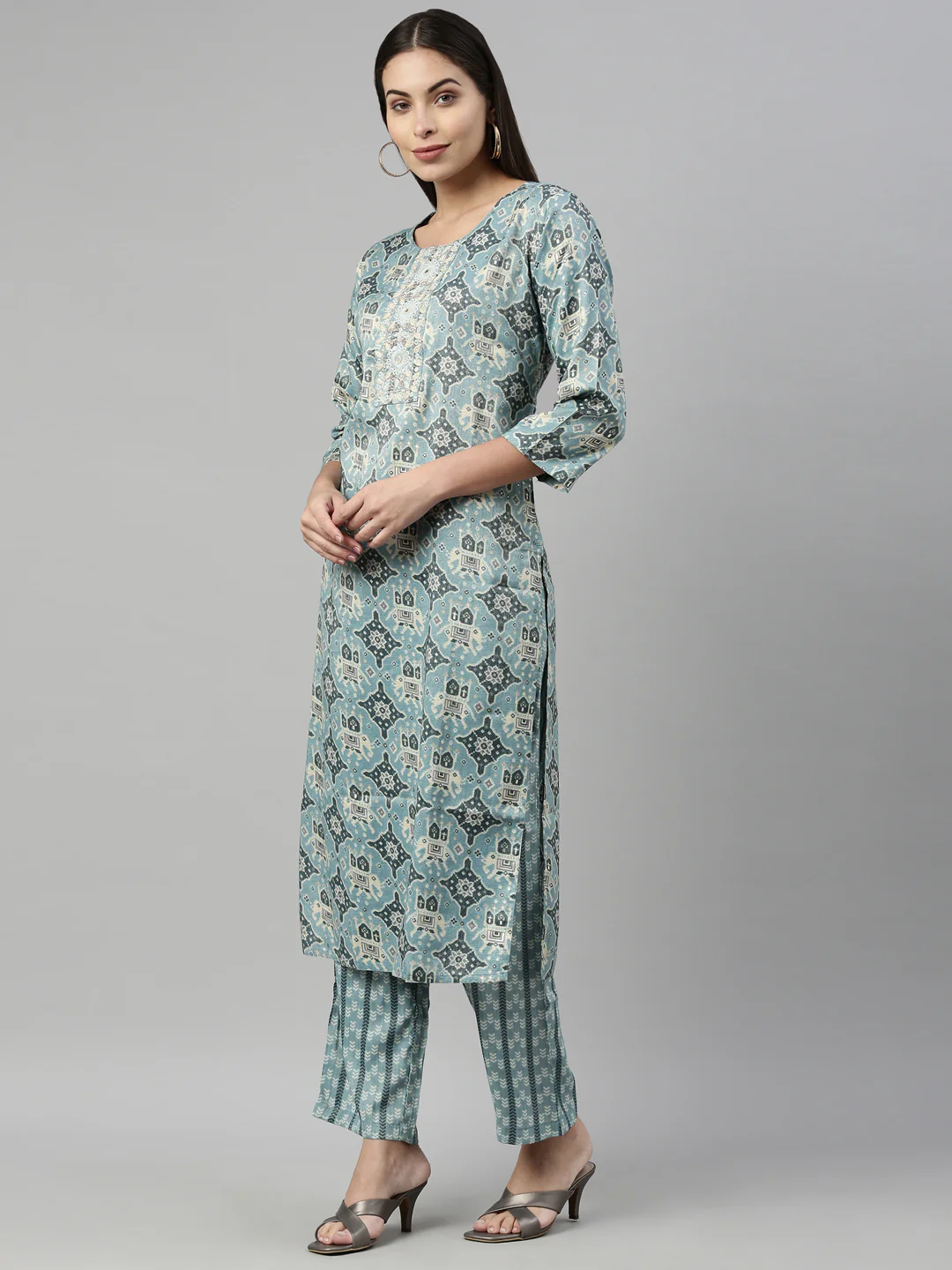 Neerus Aqua Color Slub Rayon Fabric Suit Set - Image 3