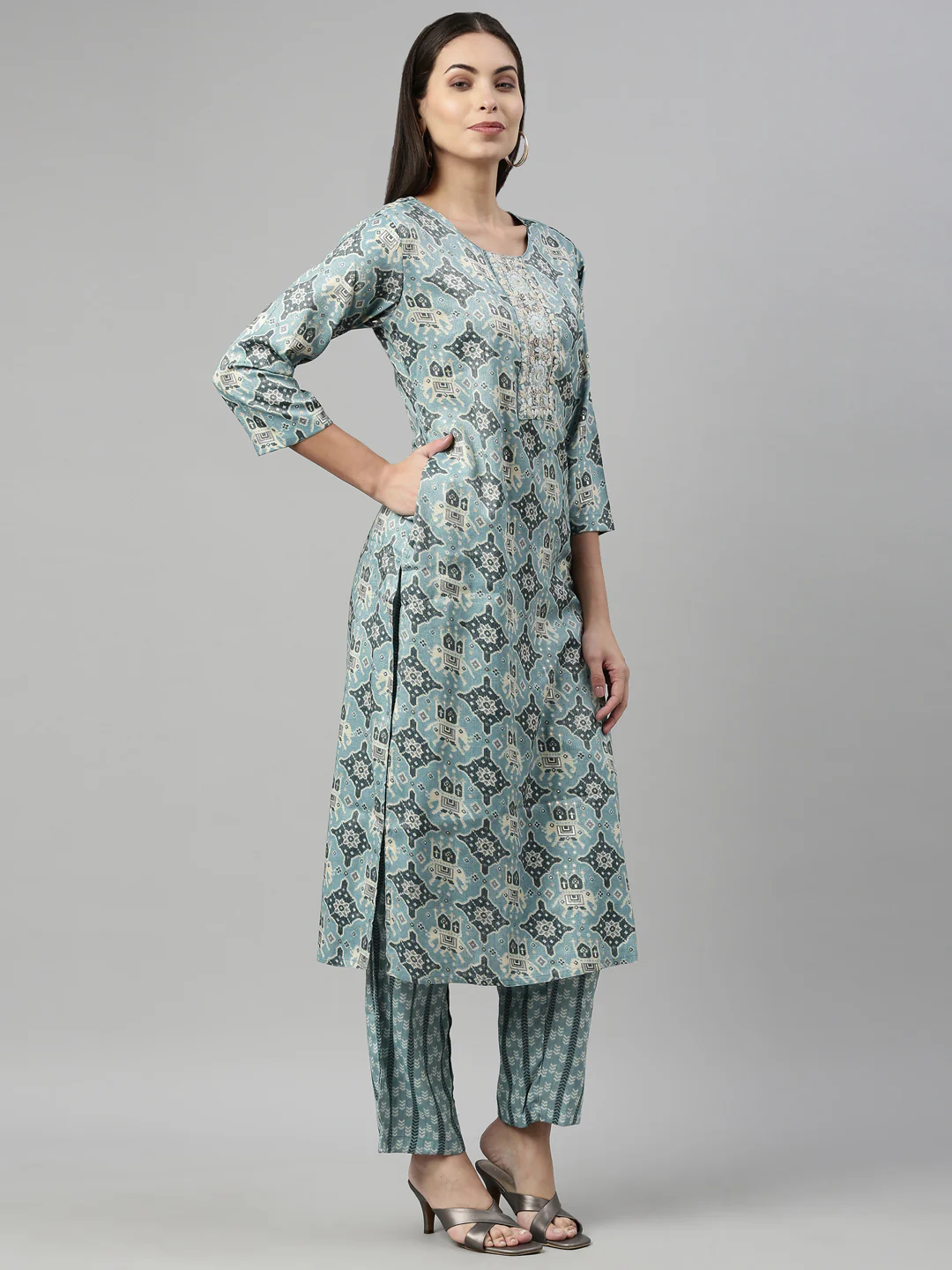 Neerus Aqua Color Slub Rayon Fabric Suit Set - Image 4