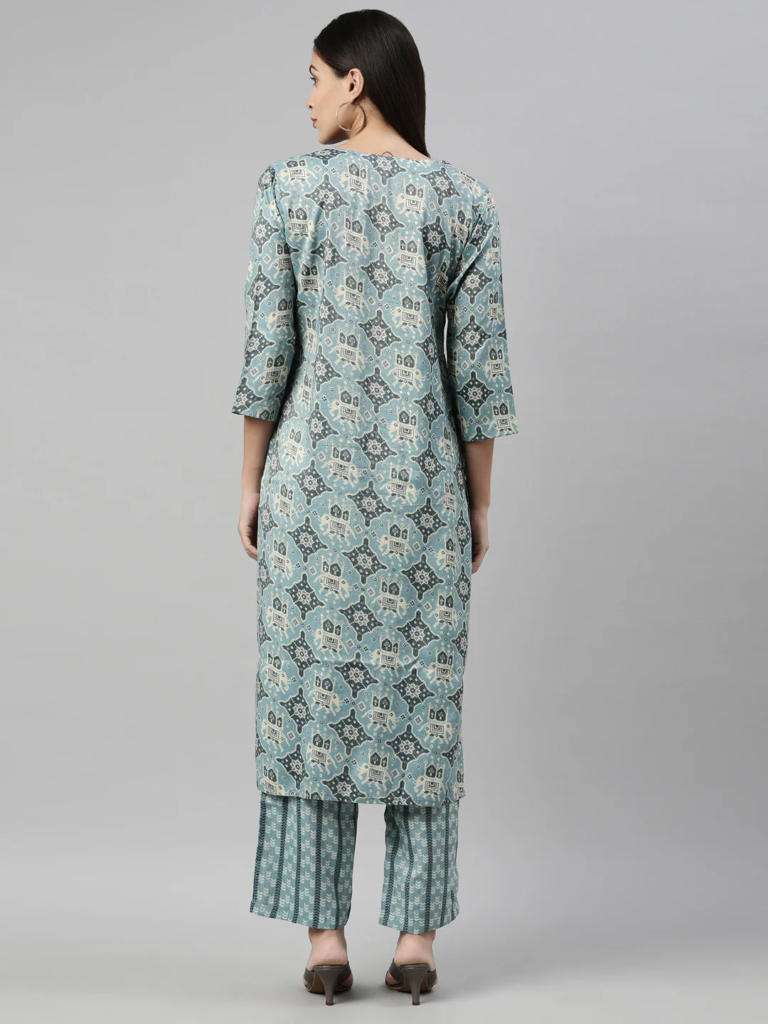 Neerus Aqua Color Slub Rayon Fabric Suit Set - Image 5