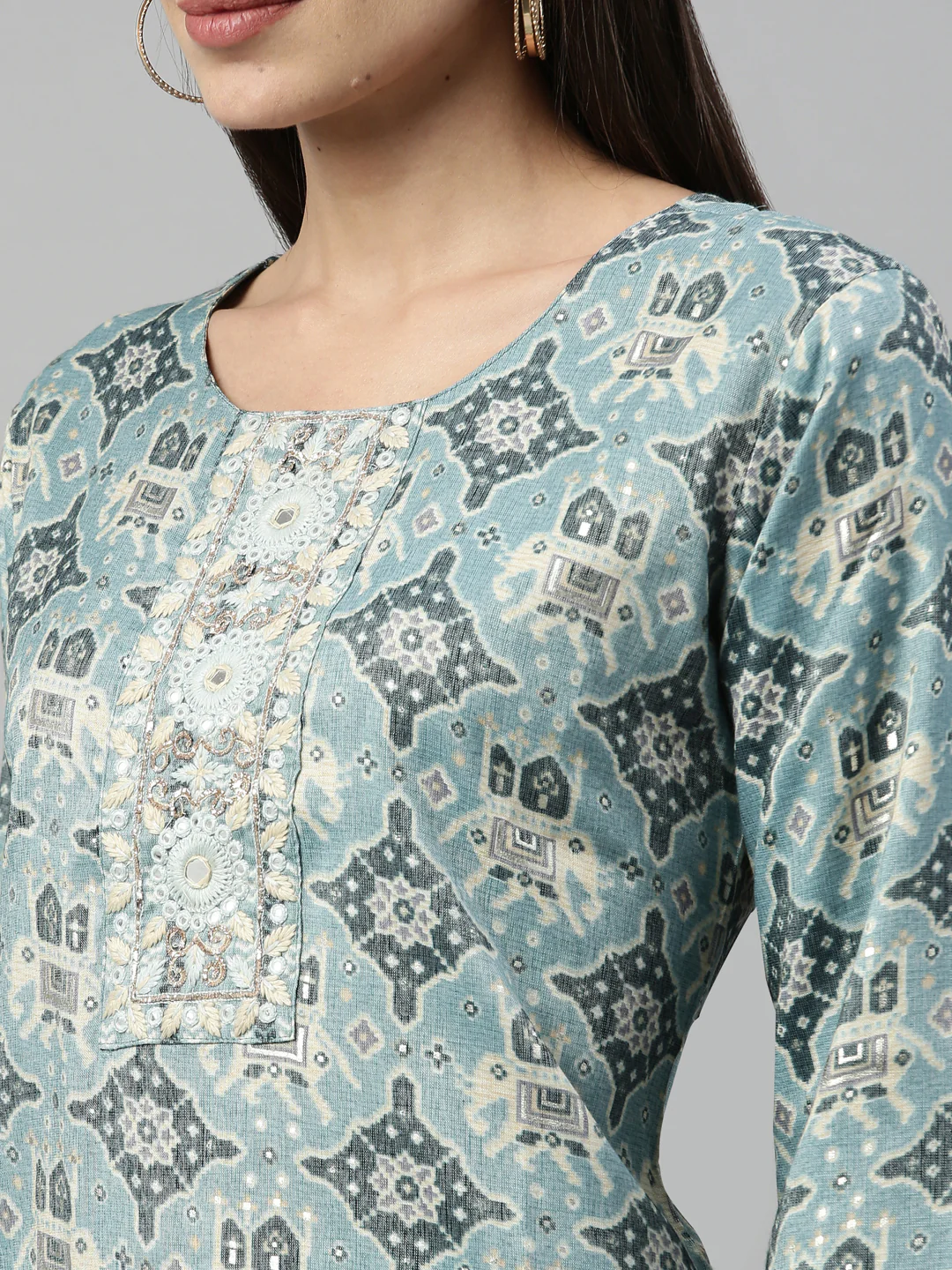Neerus Aqua Color Slub Rayon Fabric Suit Set - Image 9
