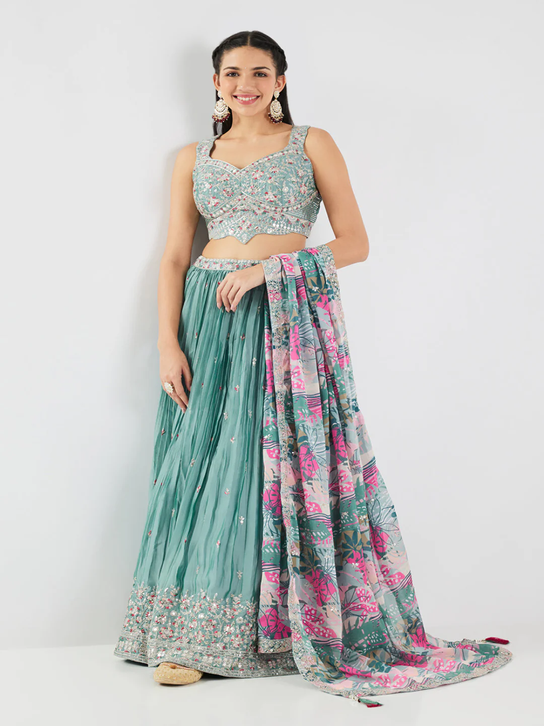 Neerus Aqua Embroidery Work Georgette Fabric Ghagra Set