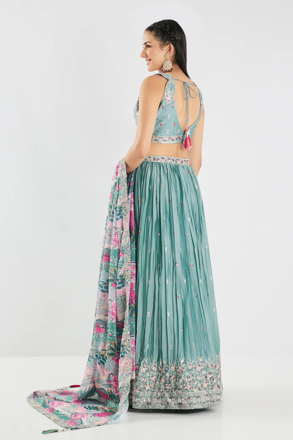 Neerus Aqua Embroidery Work Georgette Fabric Ghagra Set - Image 4