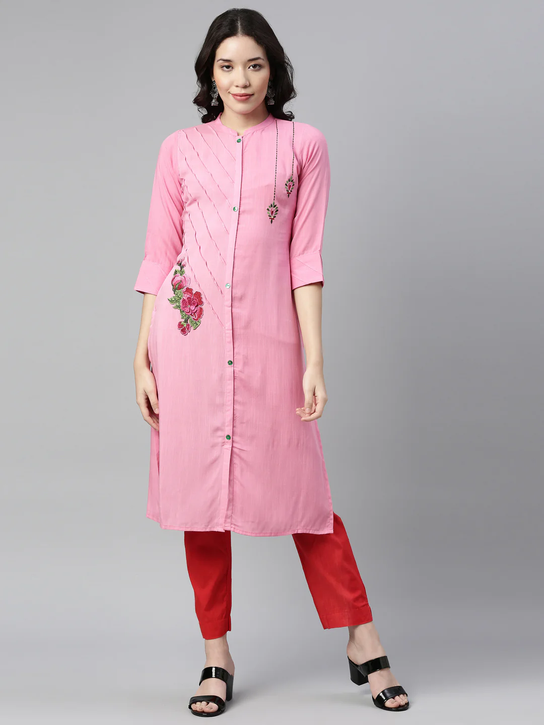 Neerus Baby Pink Color Slub Rayon Fabric Kurta - Image 7