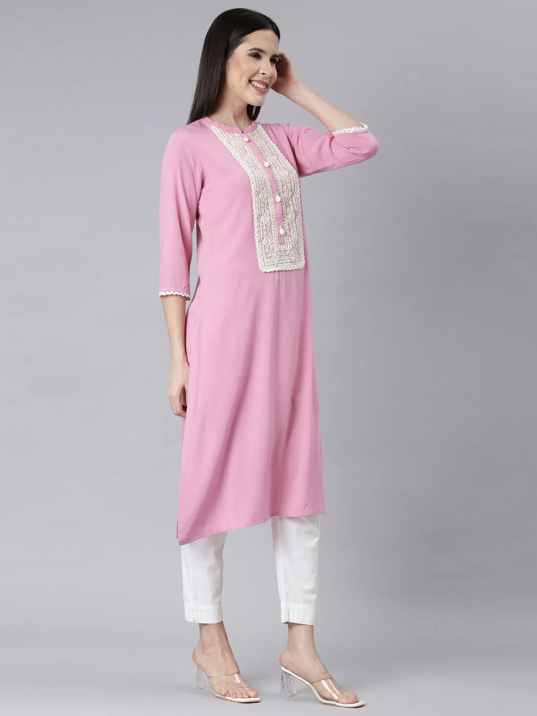 Neerus Baby Pink Panelled Straight Embellished Kurta - Image 2
