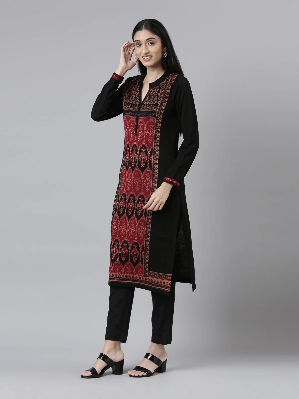 Neerus Winter Wear Band Collar Ethnic Motifs Woven Design Regular Fit Acrylic Kurta For Women - Image 2