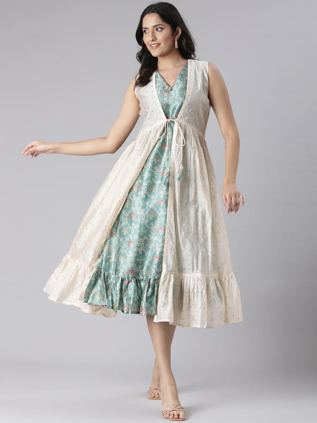 Neerus Beige Casual Floral Maxi Dresses - Image 5
