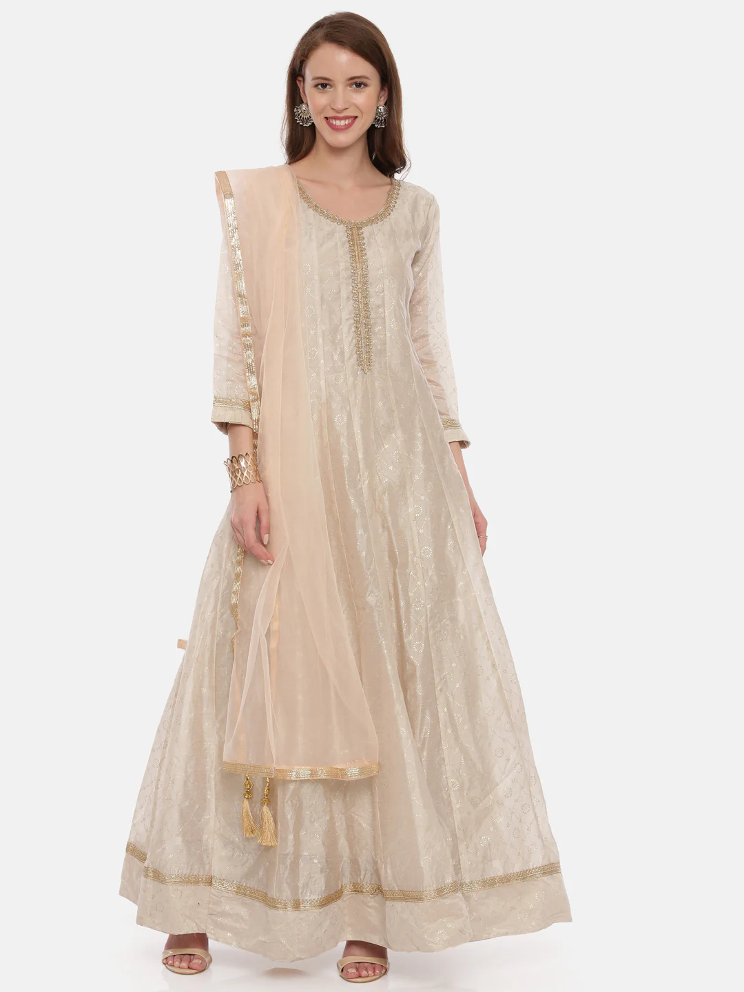 Neerus Beige Color Chanderi Fabric Full Sleeves Suit-Anarkali - Image 6