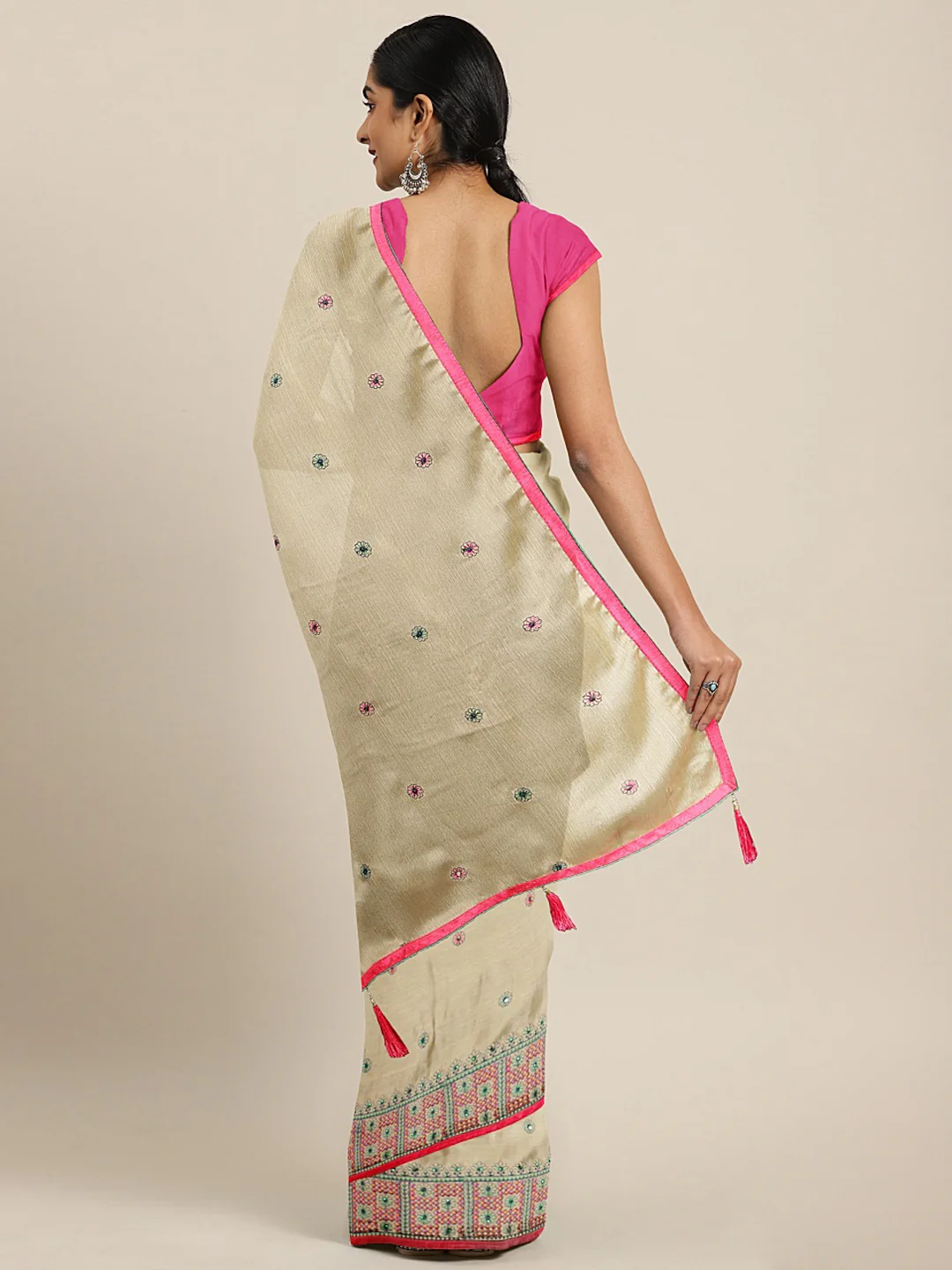 Neerus Beige Color Chiffon Fabric Saree - Image 2