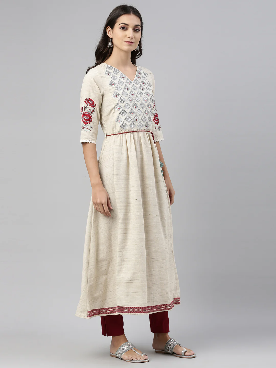 Neerus Beige Color Cotton Fabric Tunic - Image 4