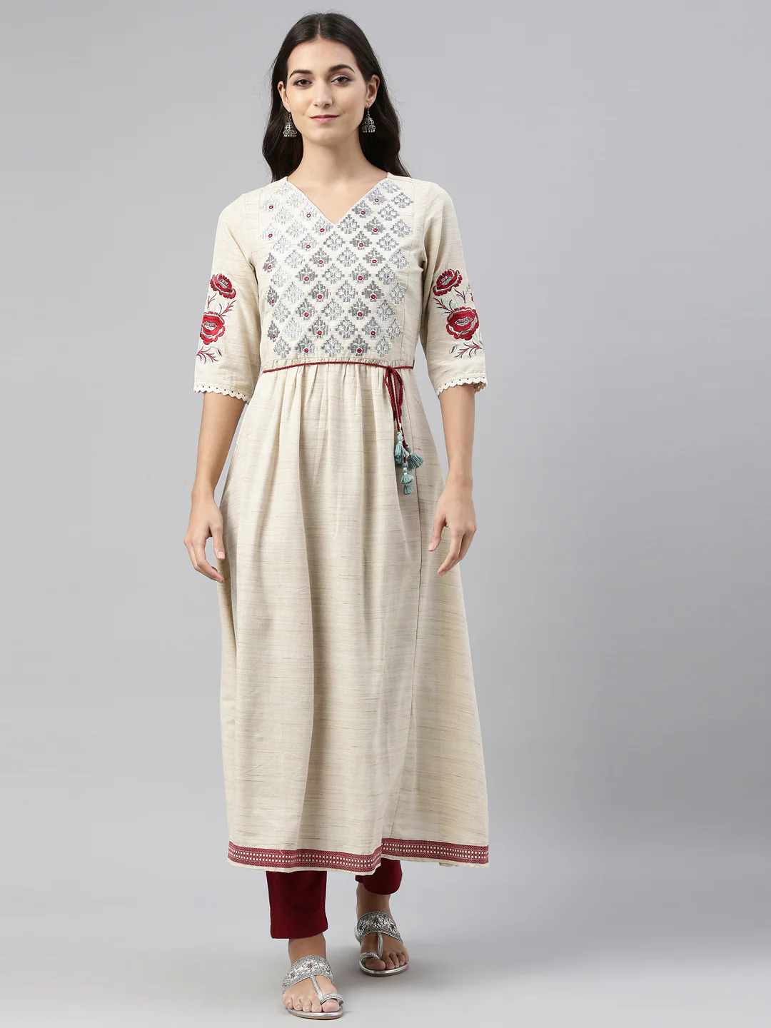 Neerus Beige Color Cotton Fabric Tunic - Image 7
