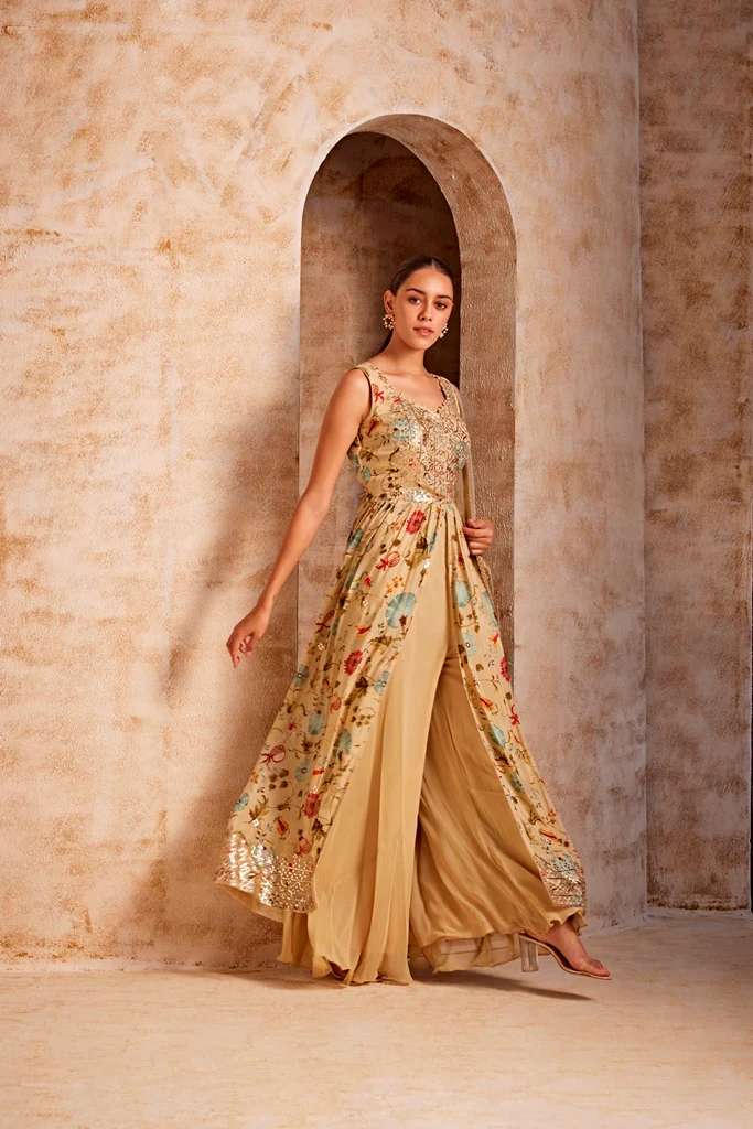 Neerus Beige Color Crepe Fabric Suit Set - Image 2