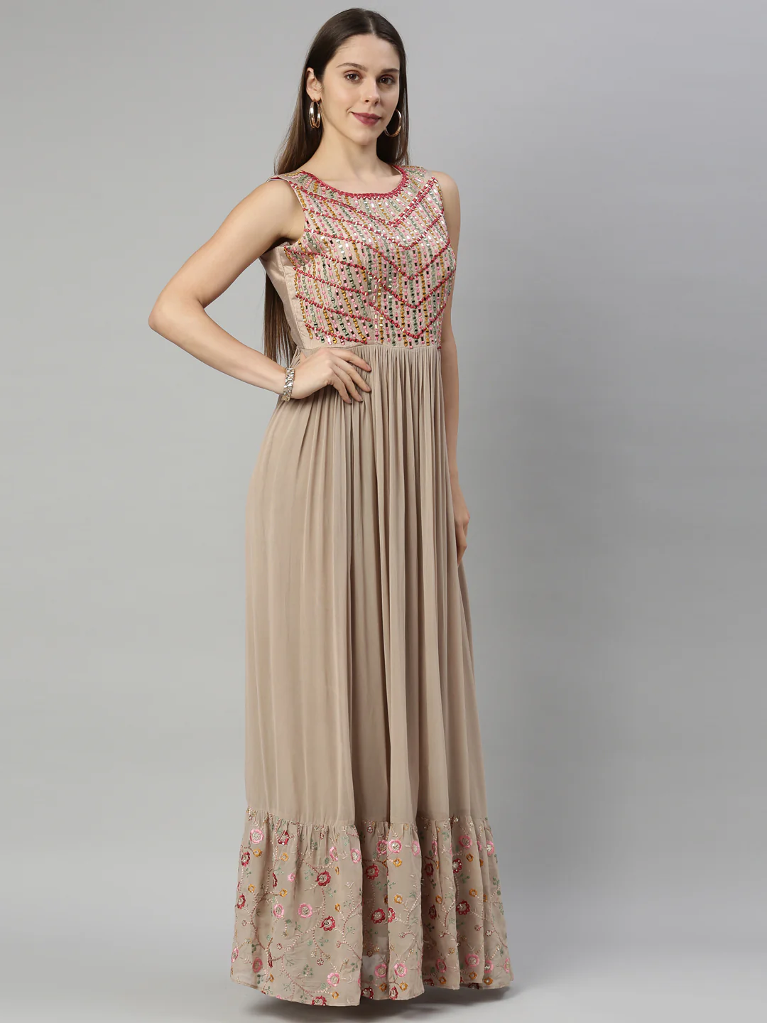 Neerus Beige Color Georgette Fabric Suit-Anarkali - Image 4