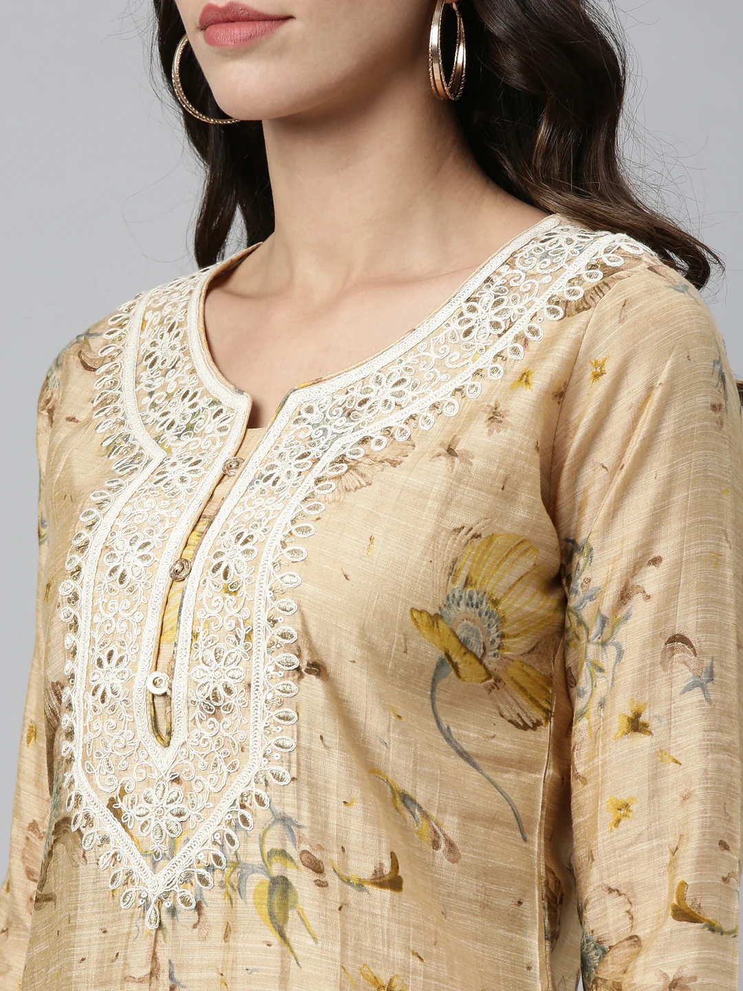 Neerus Beige Color Silk Fabric Kurta - Image 3