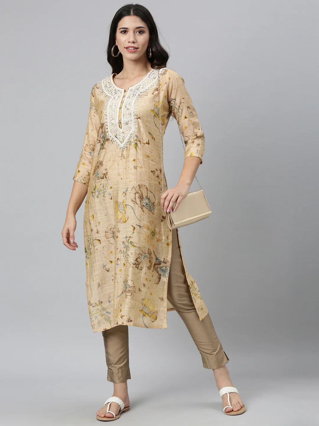 Neerus Beige Color Silk Fabric Kurta - Image 4
