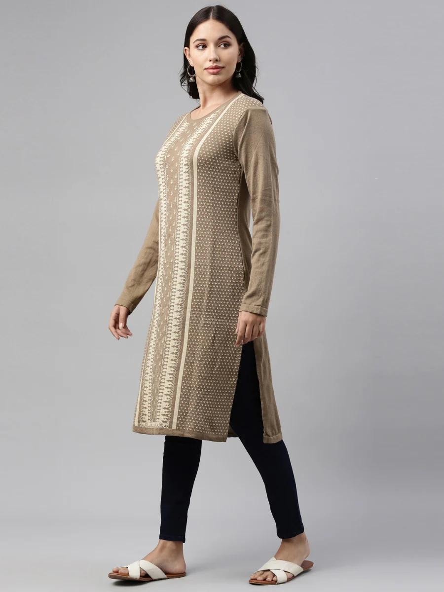 Neerus Beige Color Winter Wear Kurtha - Image 3