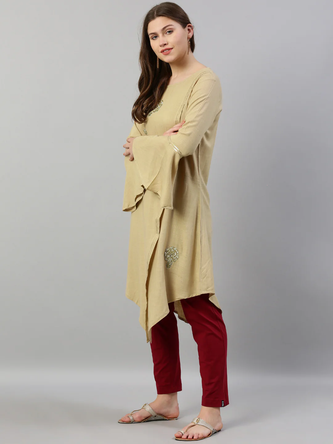 Neerus Beige Embellished High Low Kurta - Image 3