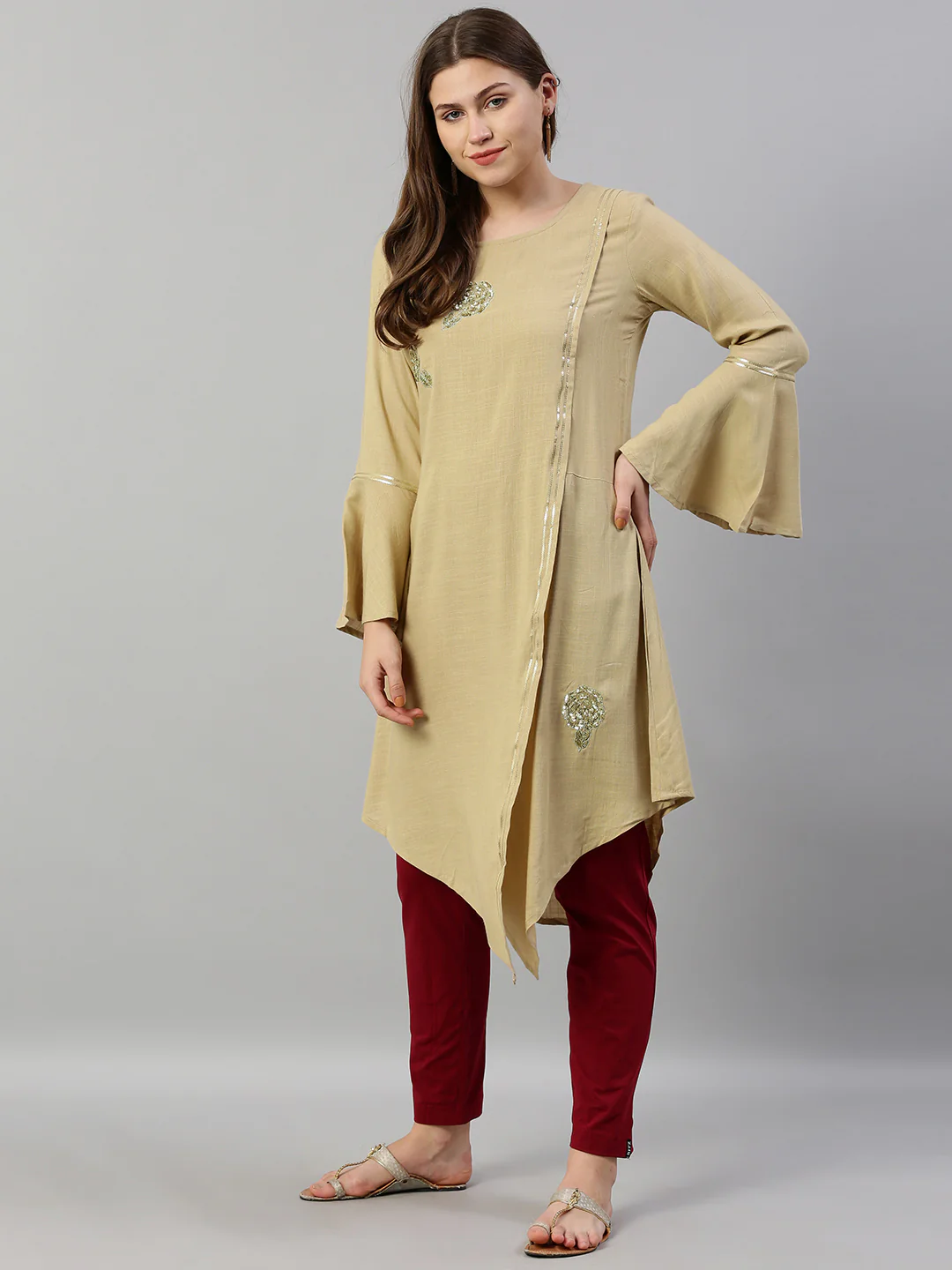 Neerus Beige Embellished High Low Kurta - Image 5