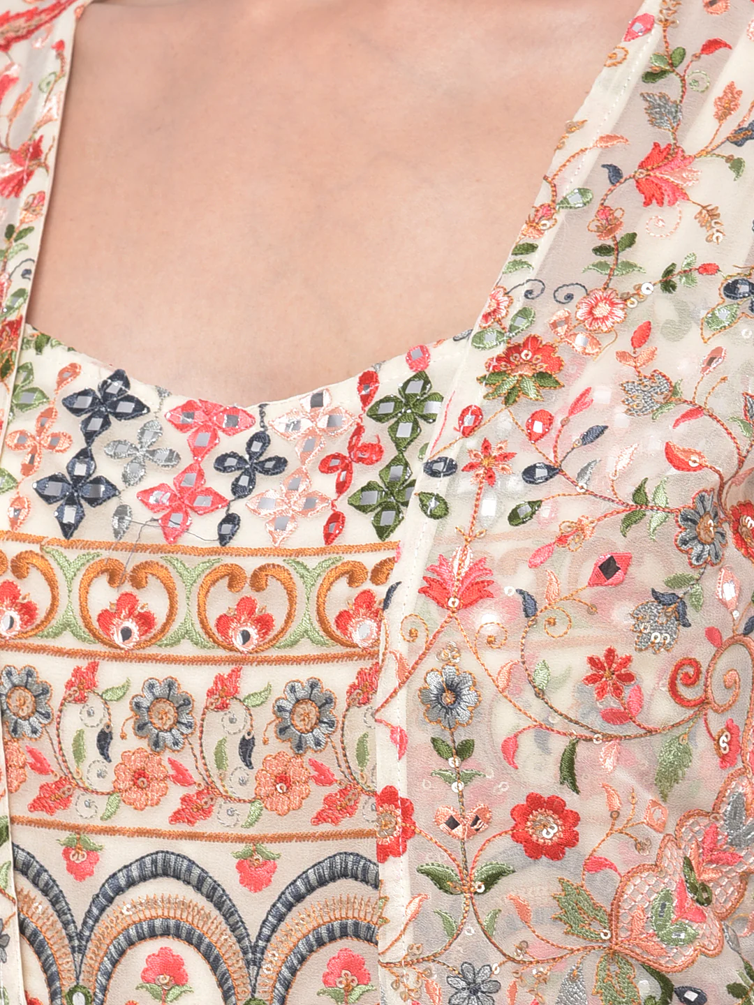 Neerus Beige Embroidered Flared Kurta With Shrug - Image 5