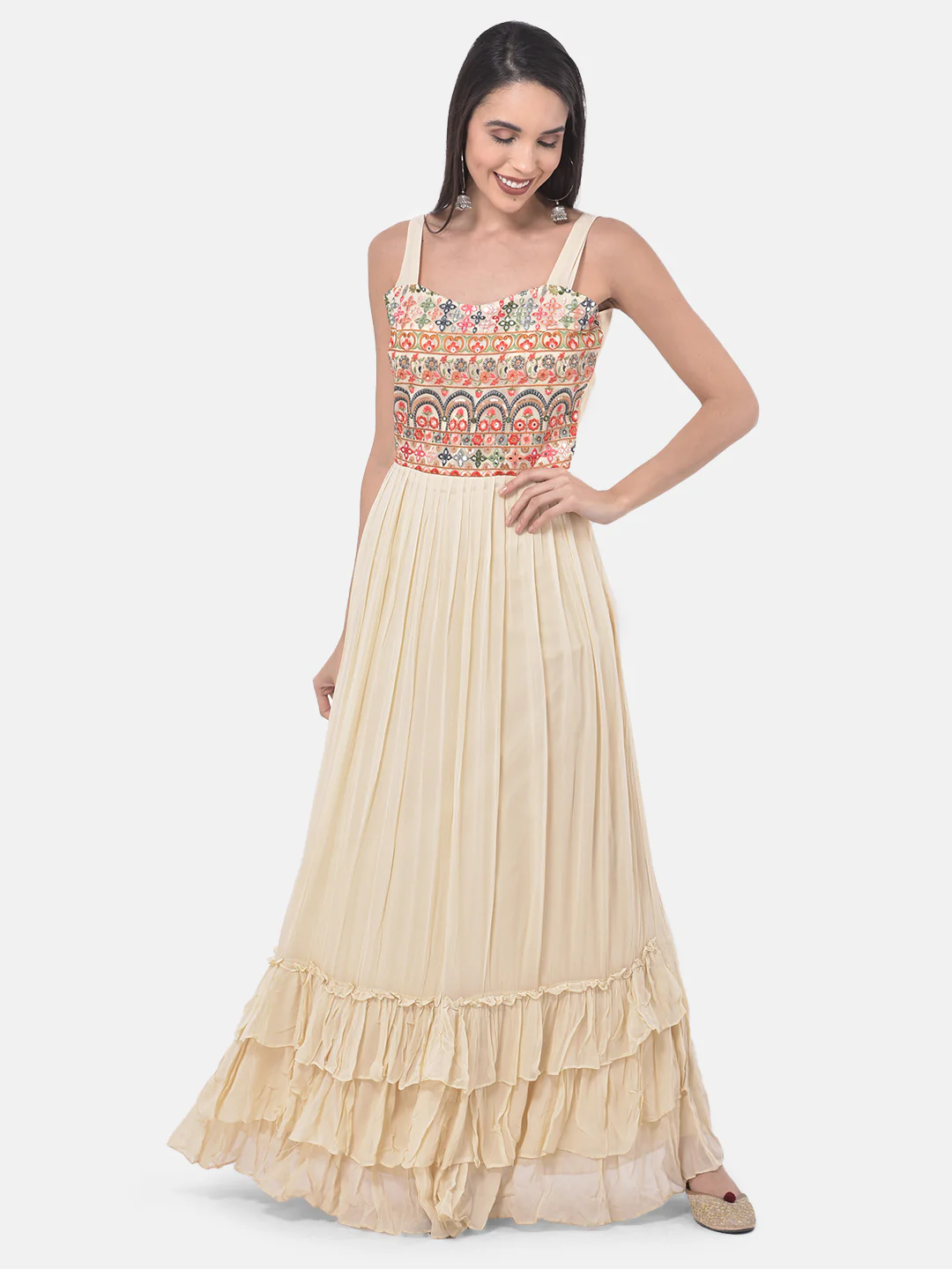 Neerus Beige Embroidered Flared Kurta With Shrug - Image 6