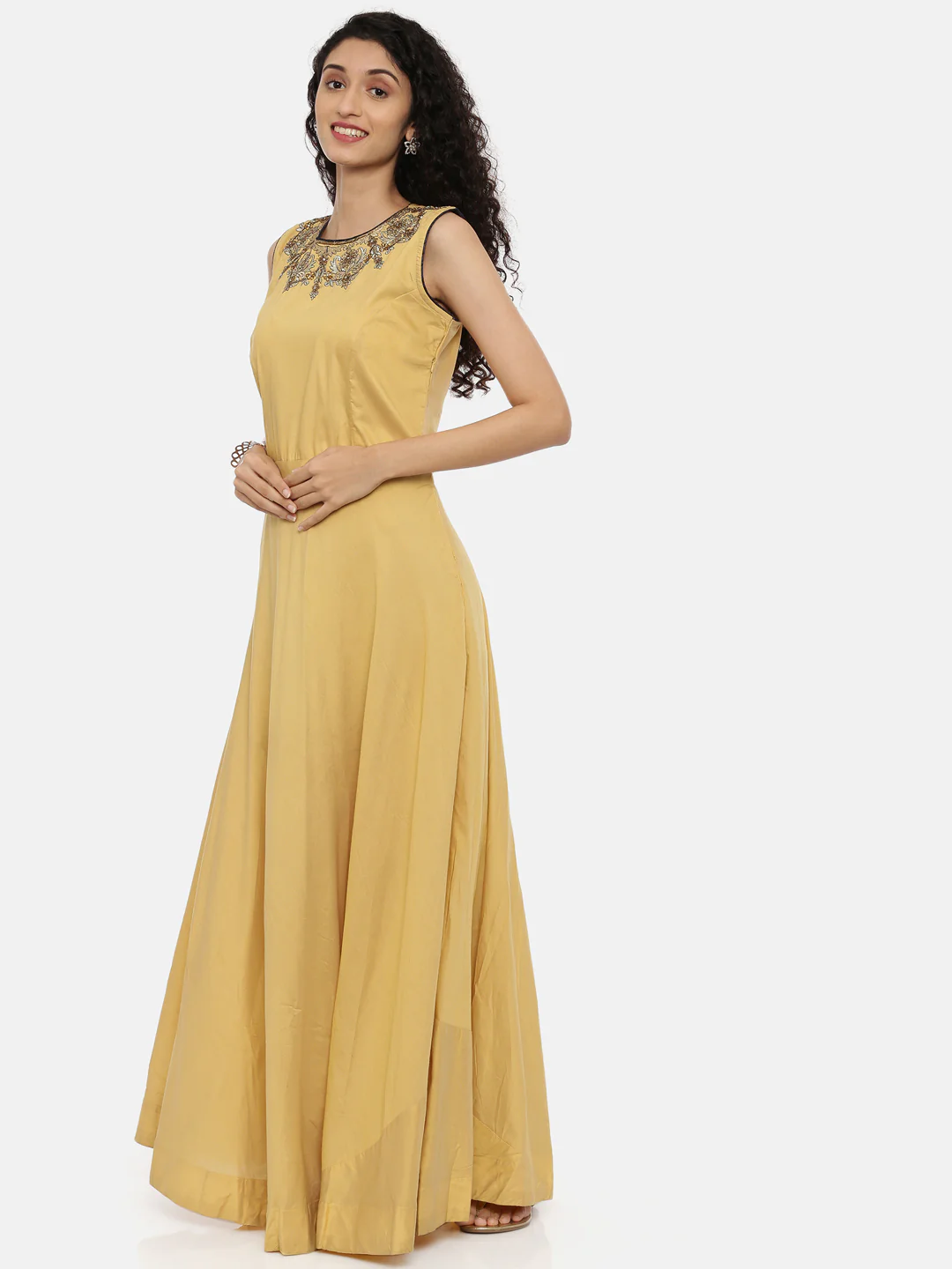 Neerus Beige Embroidered Kurta With Churidar & Dupatta - Image 3