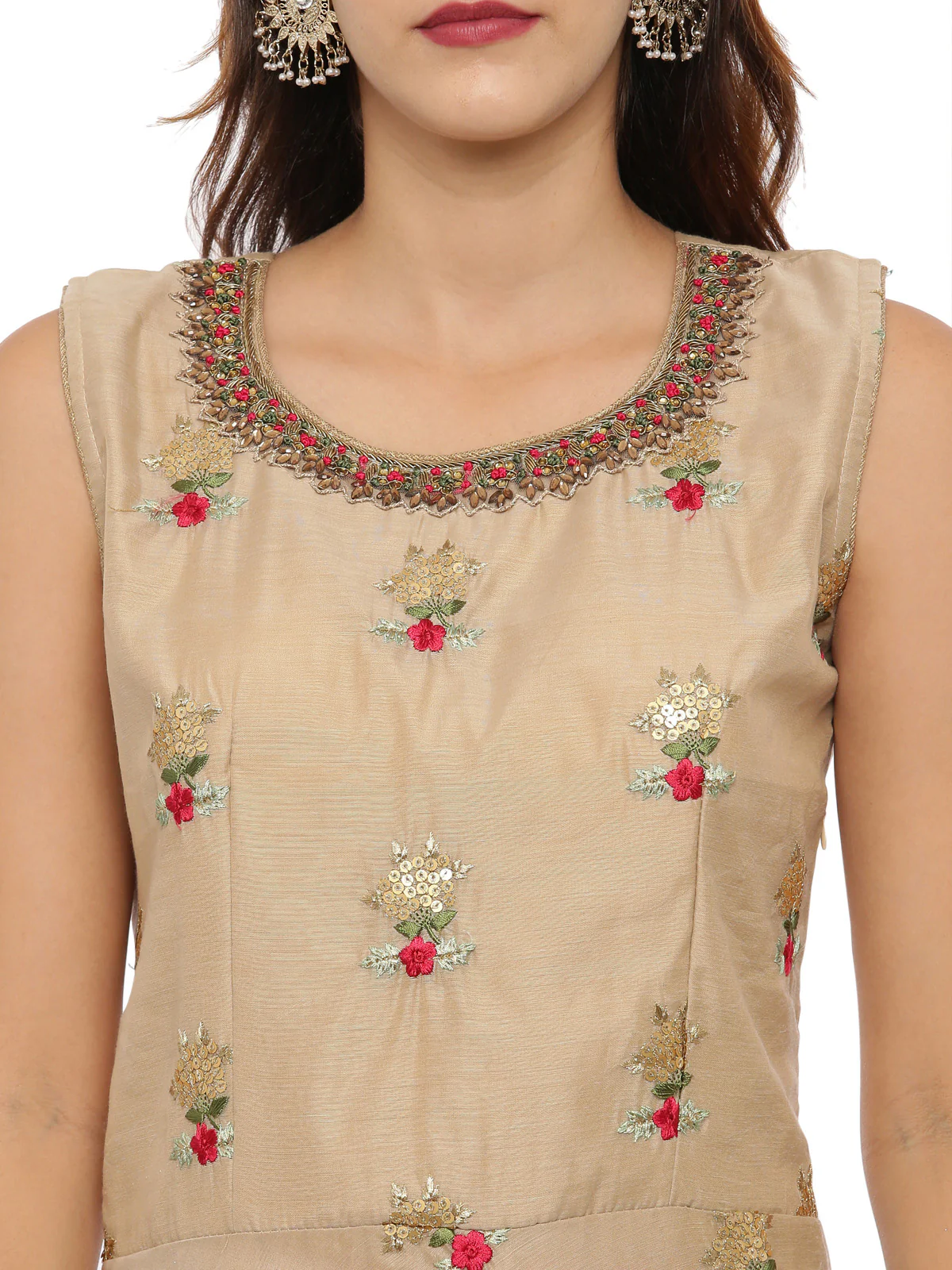 Neerus Beige Embroidered Kurta With Churidar & Dupatta - Image 2