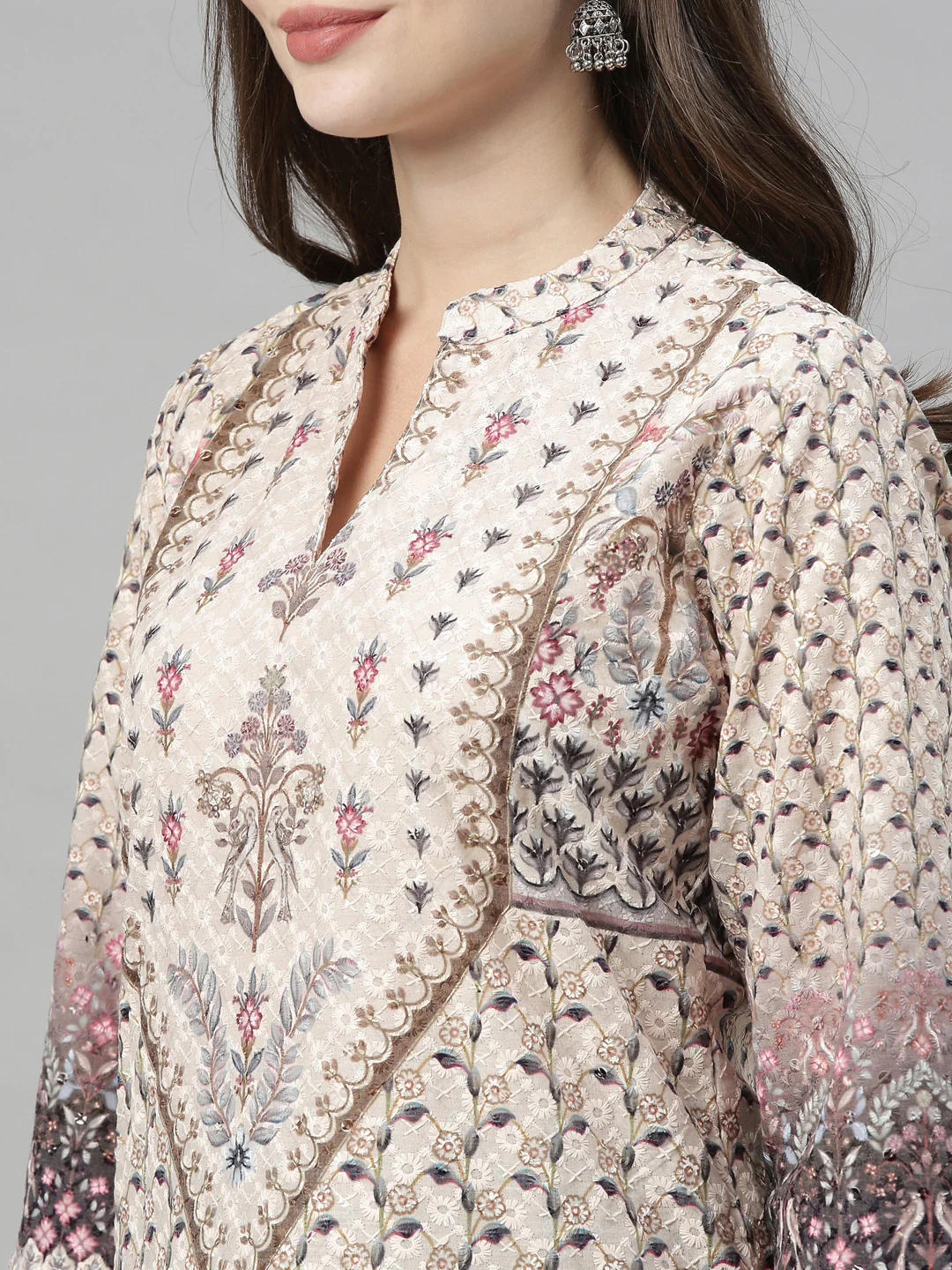 Neerus Beige Embroidered Straight Kurta - Image 2