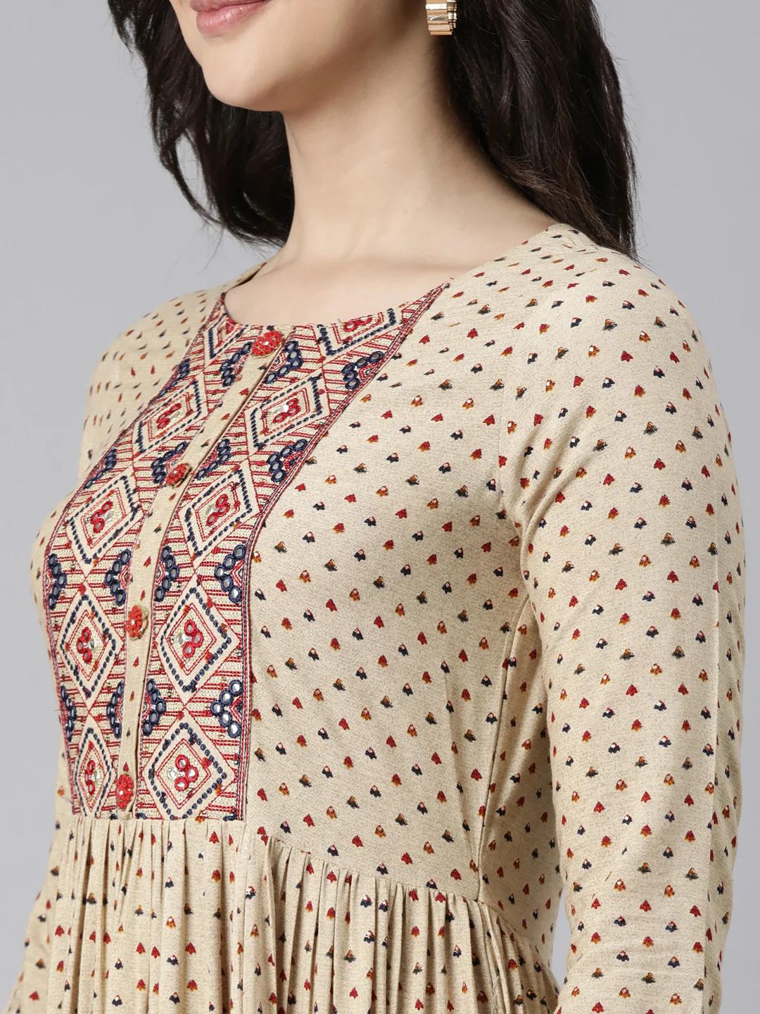 Neerus Beige Flared Casual Polka Dots Maxi Dresses - Image 4