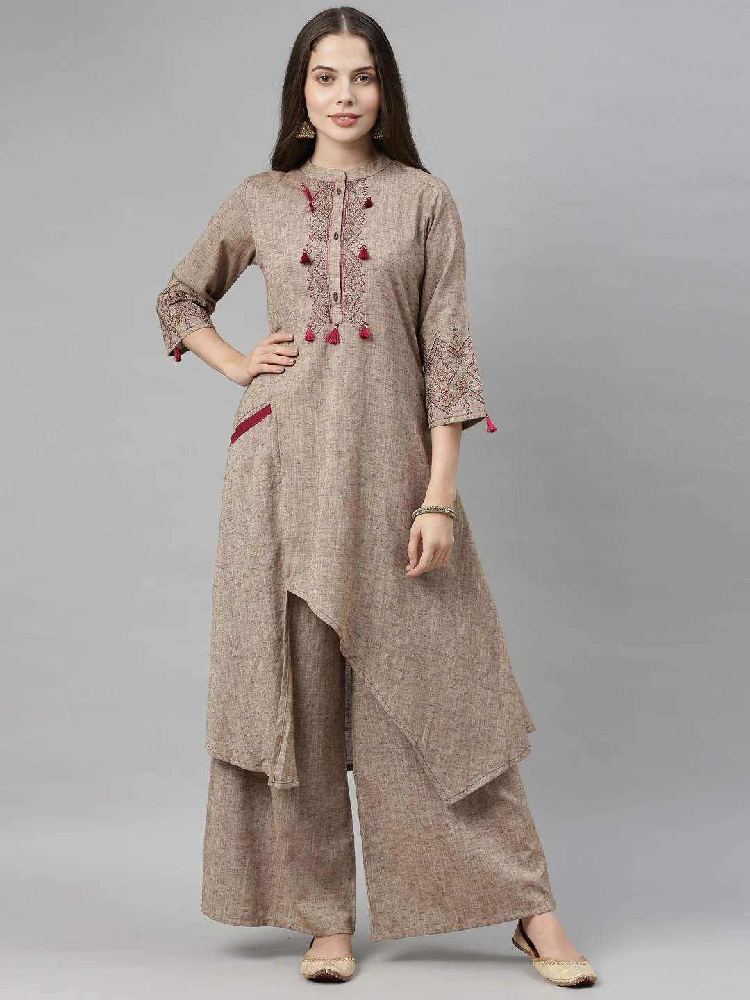 Neerus Beige Maroon Color Rayon Fabric Tunic Set - Image 8
