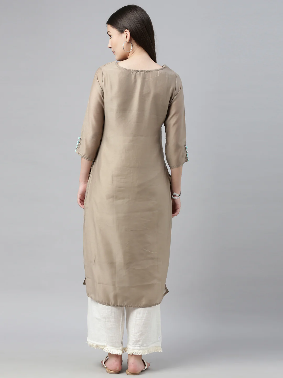 Neerus Beige & Off White Embroidered Kurta & Palazzo Set - Image 8