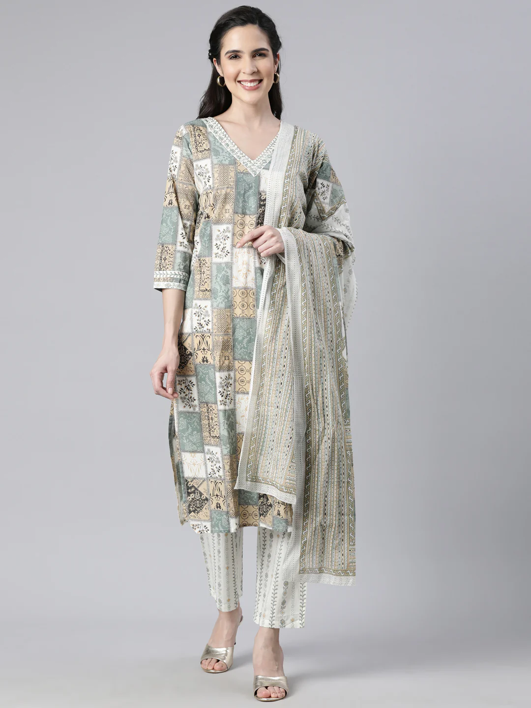 Neerus Beige Panelled Straight Colourblocked Kurta And  Trousers With Dupatta