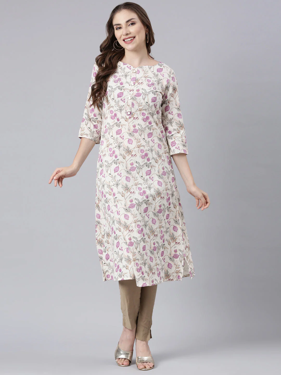 Neerus Beige Panelled Straight Floral Kurta - Image 6