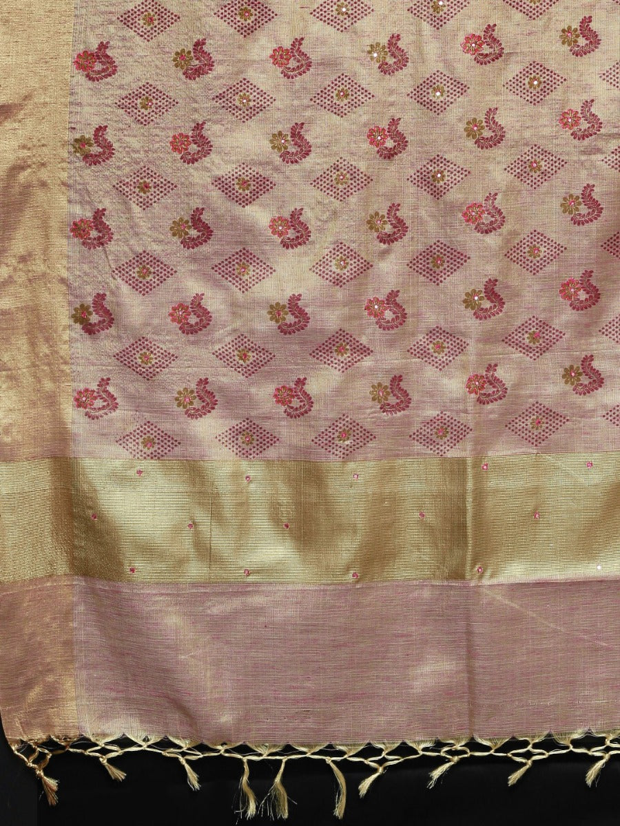 Neerus Beige Pink Polyester Woven Design Saree - Image 4
