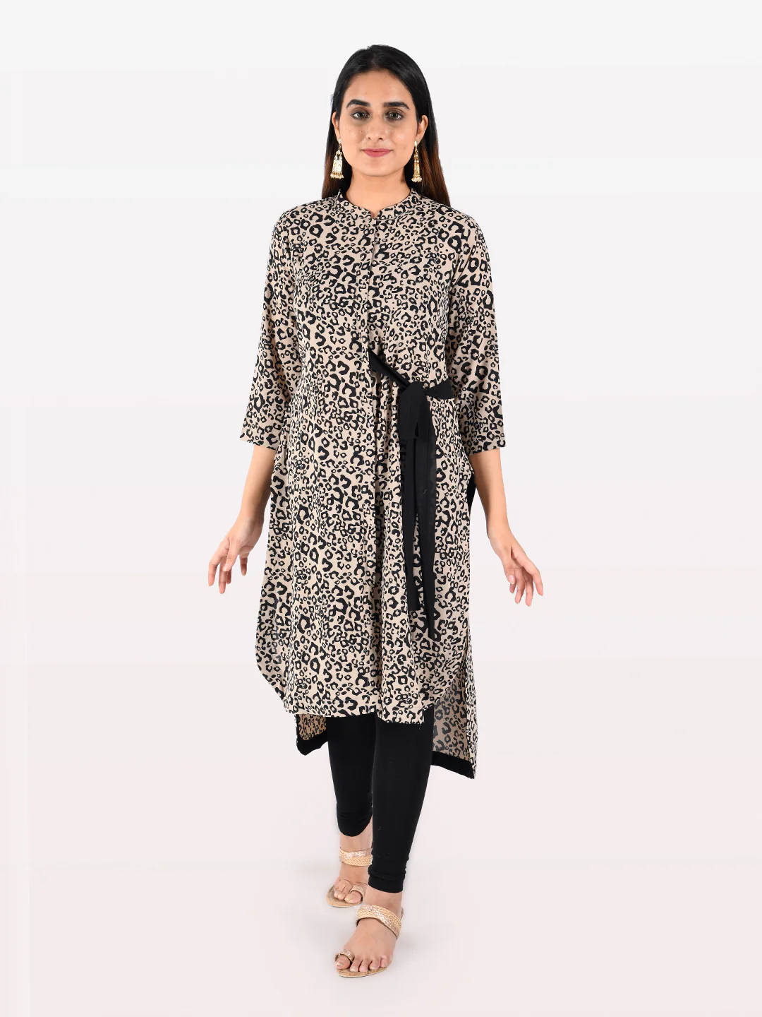 Neerus Beige Printed High Low Kurta