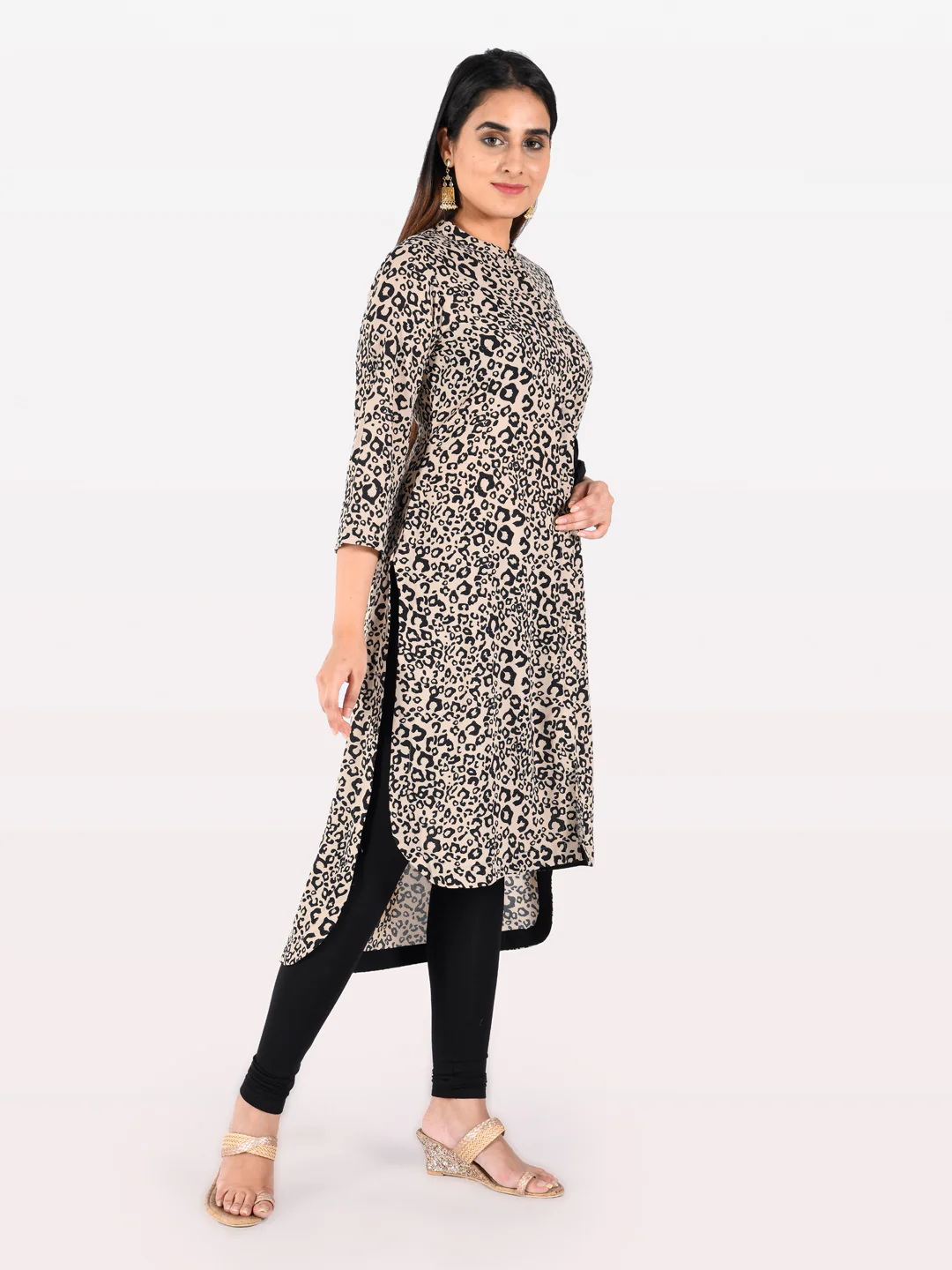 Neerus Beige Printed High Low Kurta - Image 4