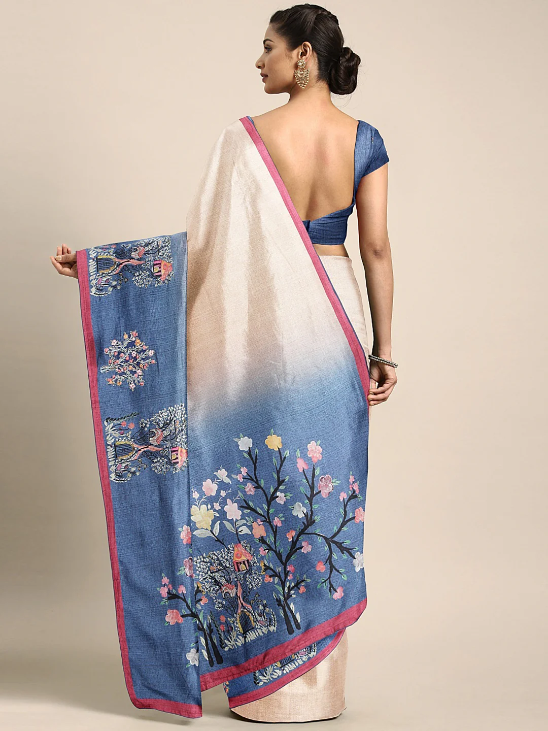 Neerus Beige Printed Saree With Blouse - Image 2