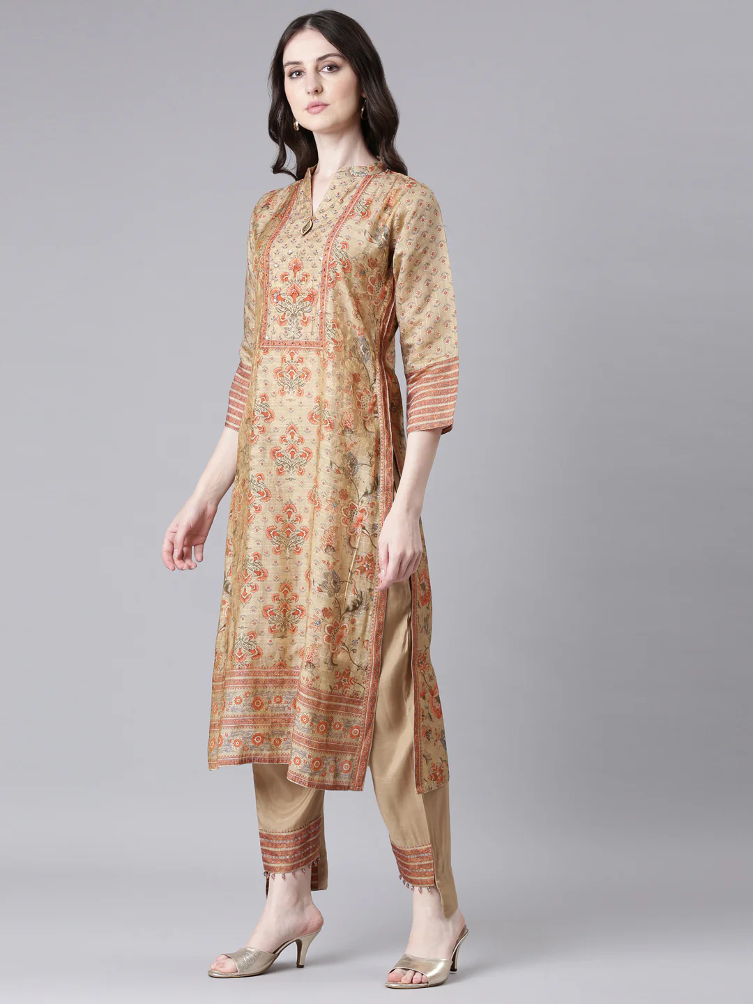 Neerus Beige Printed Straight Kurta and Trousers With Dupatta - Image 2