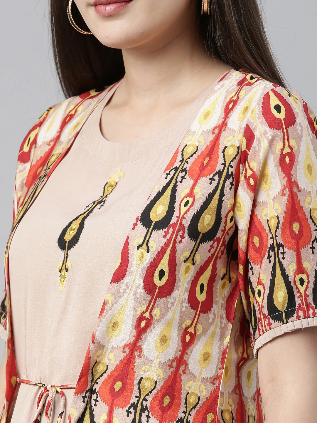 Neerus Beige Printed Straight Kurta With Jacket - Image 2