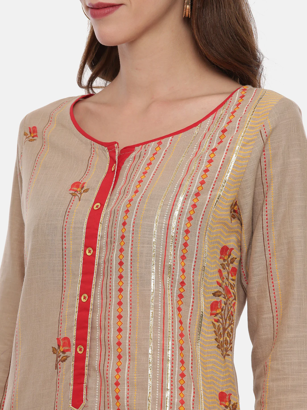 Neerus Beige & Red Printed Kurta Pant Set - Image 2