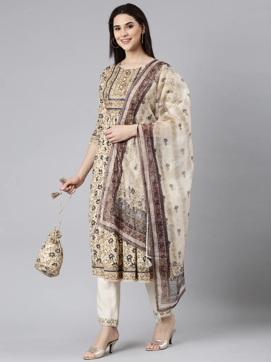 Neerus Beige Regular Straight Floral Kurta And Trousers With Dupatta - Image 5