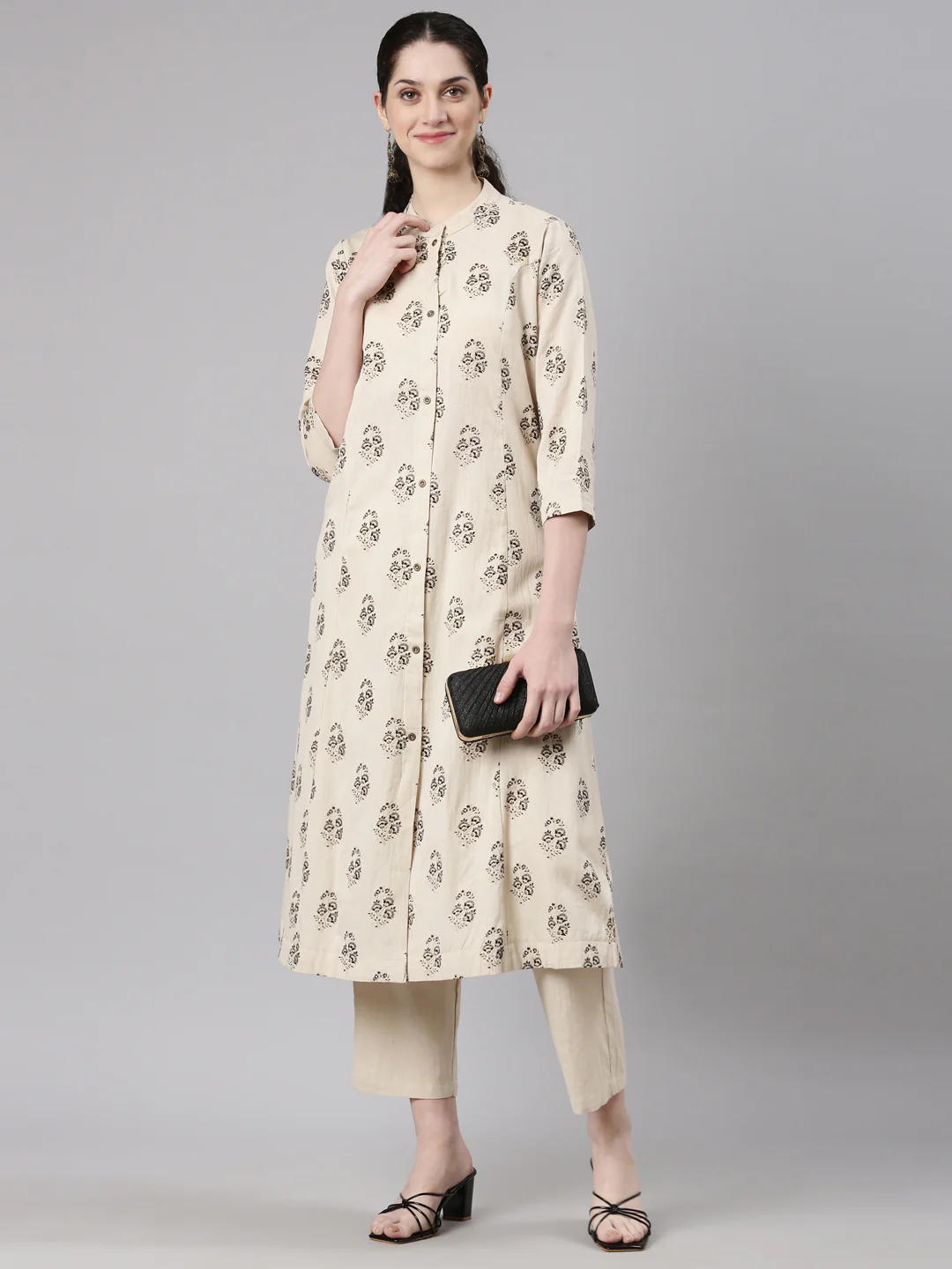 Neerus Beige Straight Casual Floral Kurta and Trouser - Image 6