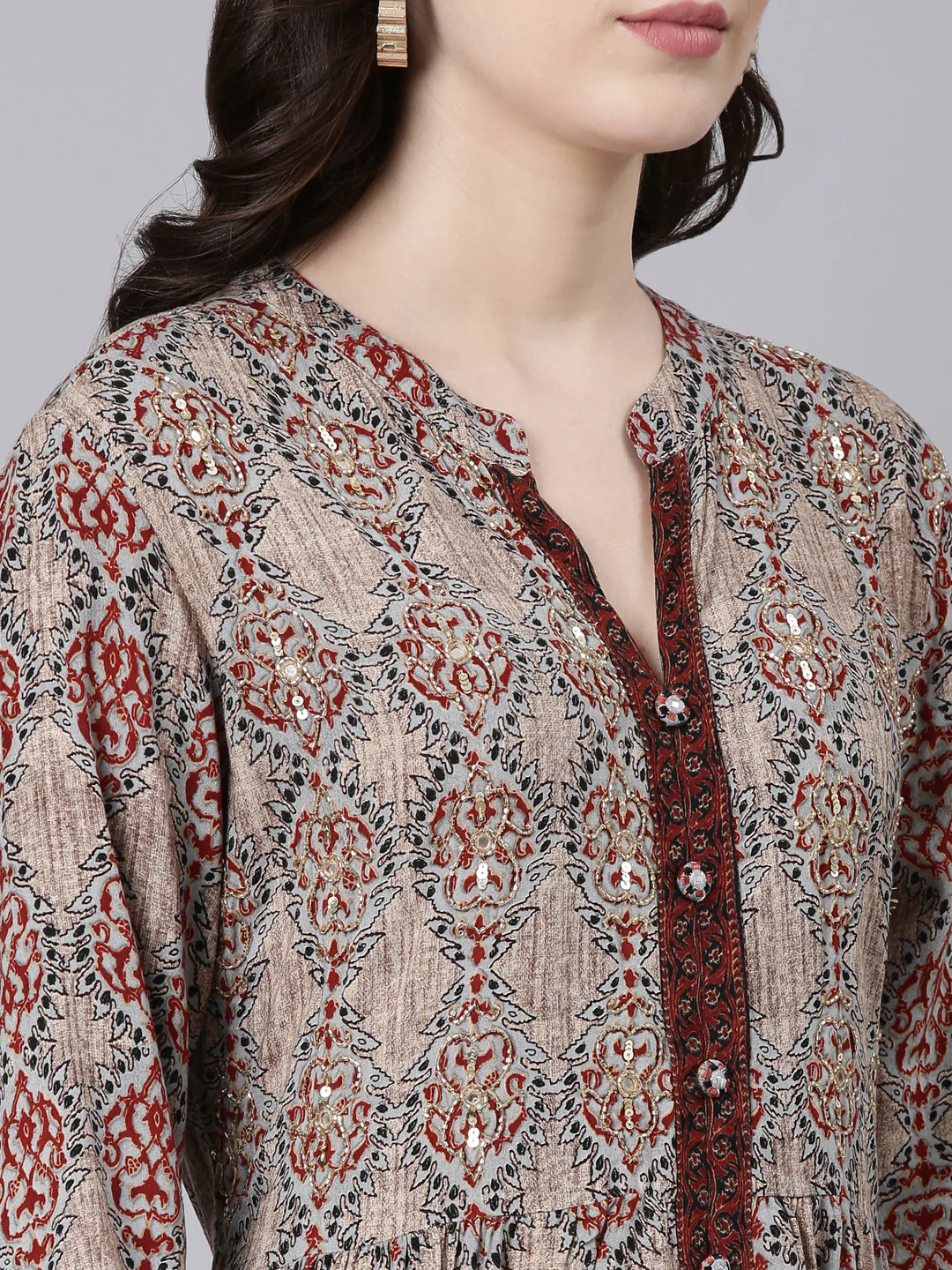 Neerus Beige Straight Casual Printed Maxi Dresses - Image 4