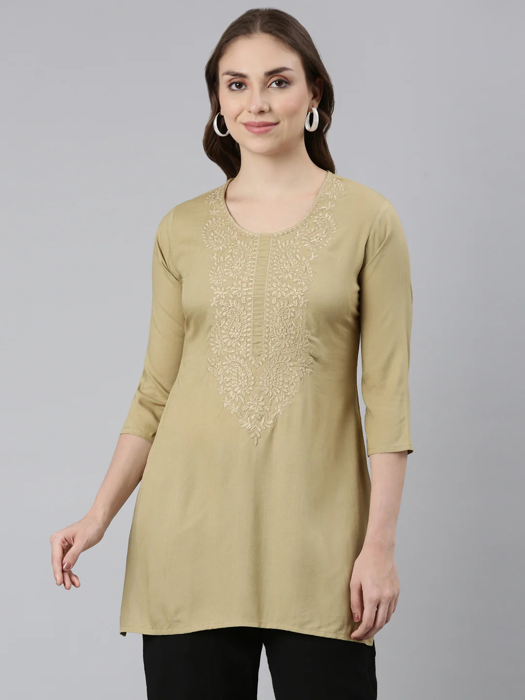 Neerus Beige Straight Casual Solid Straight Kurta