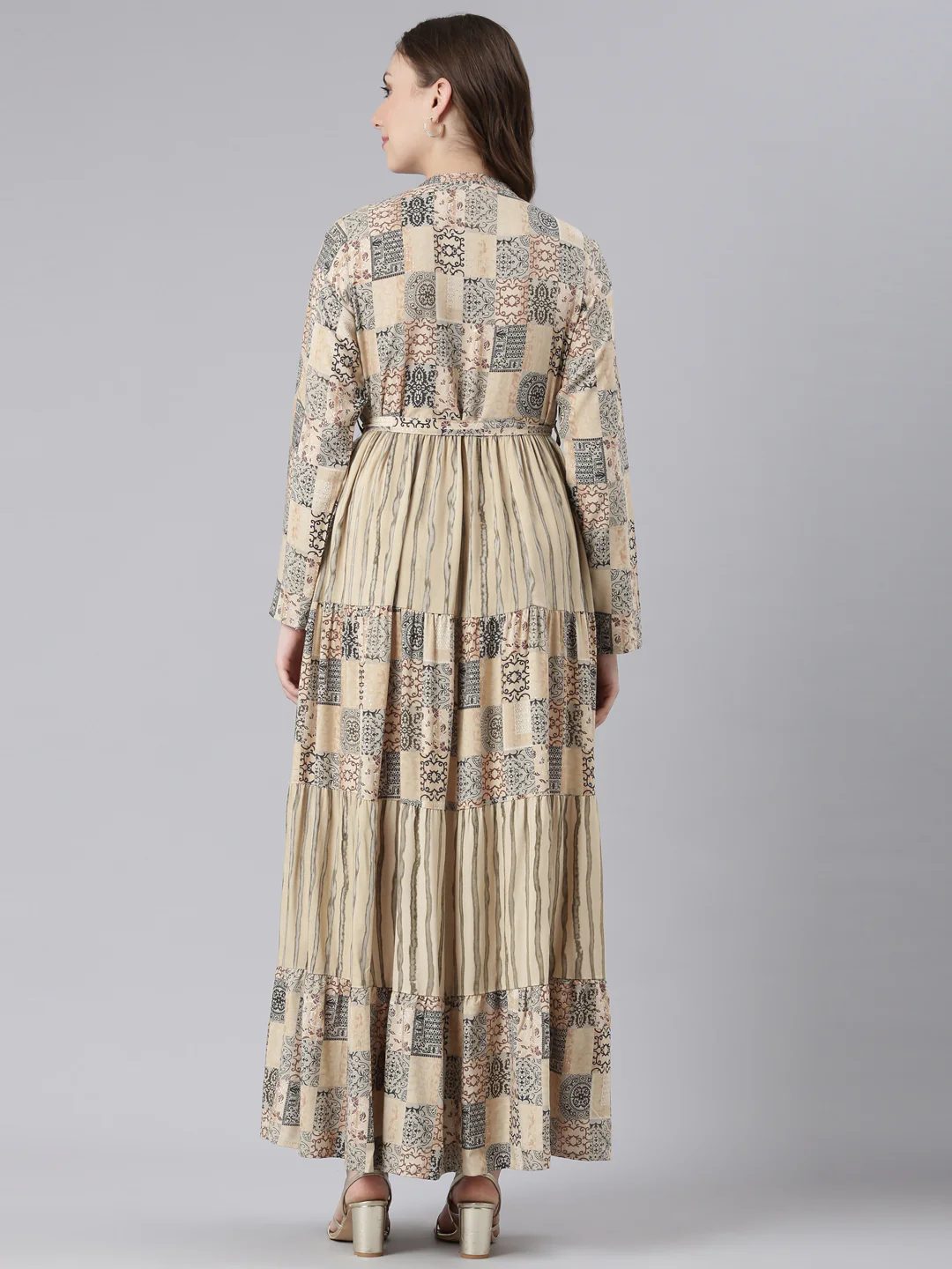 Neerus Beige Viscose Rayon Curved Casual Geometric Maxi Dresses - Image 4