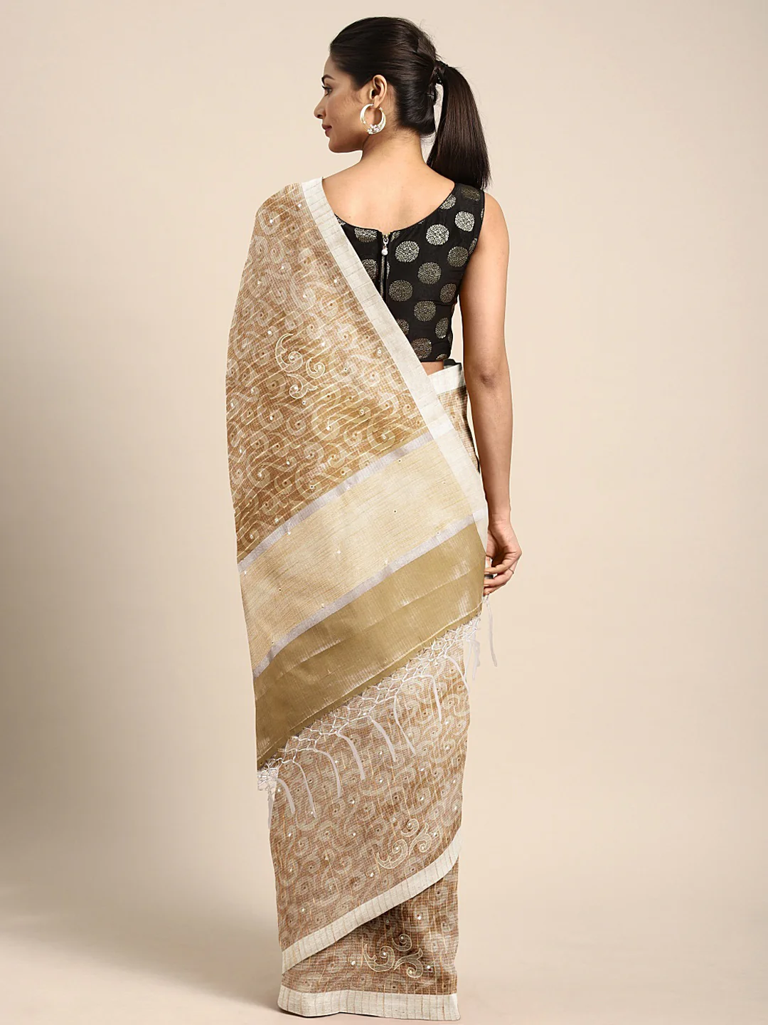 Neerus Beige Woven Design Tissue Saree - Image 2
