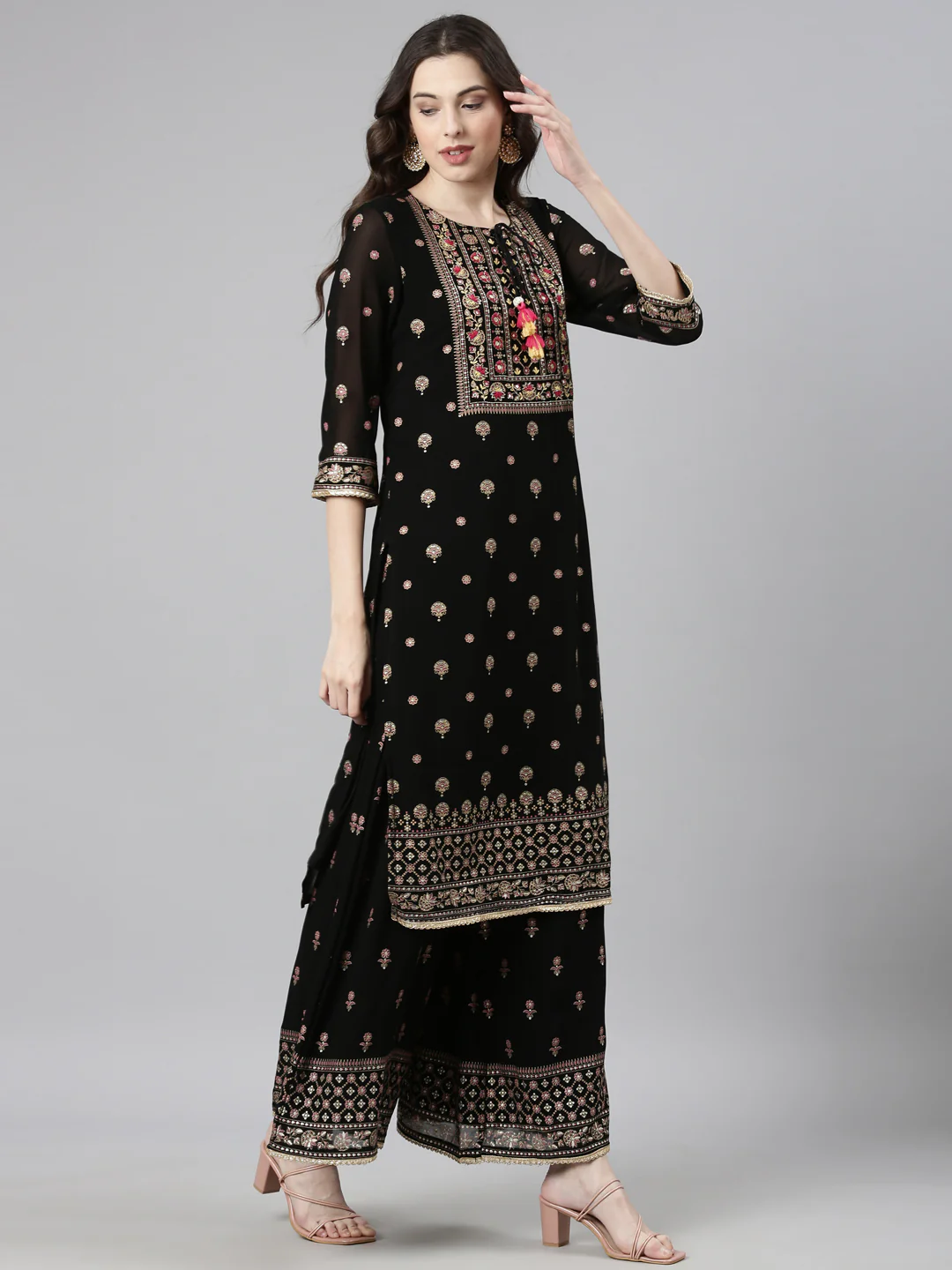 Neerus Black Casual Floral Straight Kurta and Palazzos With Dupatta - Image 3