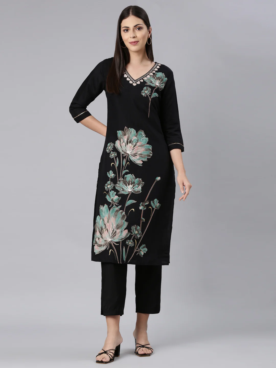 Neerus Black Casual Floral Straight Kurta and Trouser - Image 6