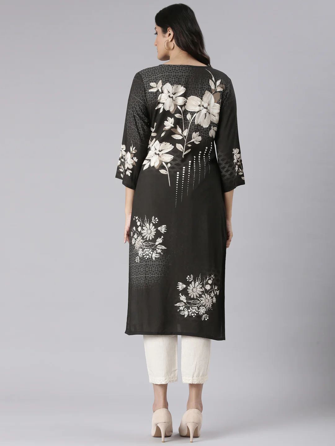 Neerus Black Casual Floral Straight Kurta - Image 3