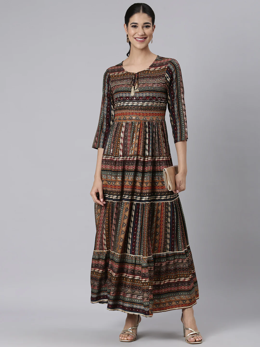 Neerus Black Casual Maxi Paisley Dresses - Image 5